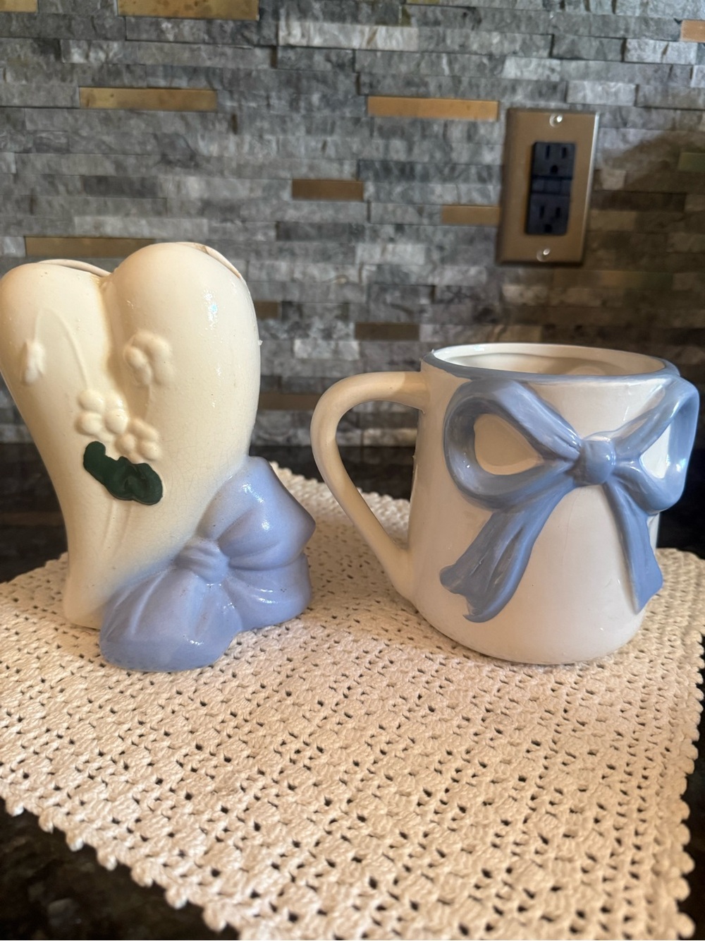 Cottage Core Blue Bow Ceramic Handpainted Vase/Planter w Modern Mug